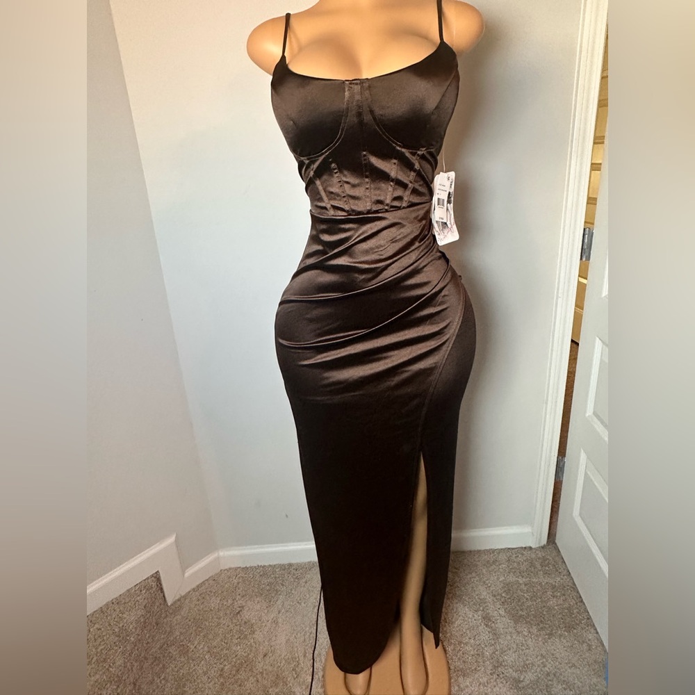 Honey and Rosie Chocolate Brown Satin Backless Dress